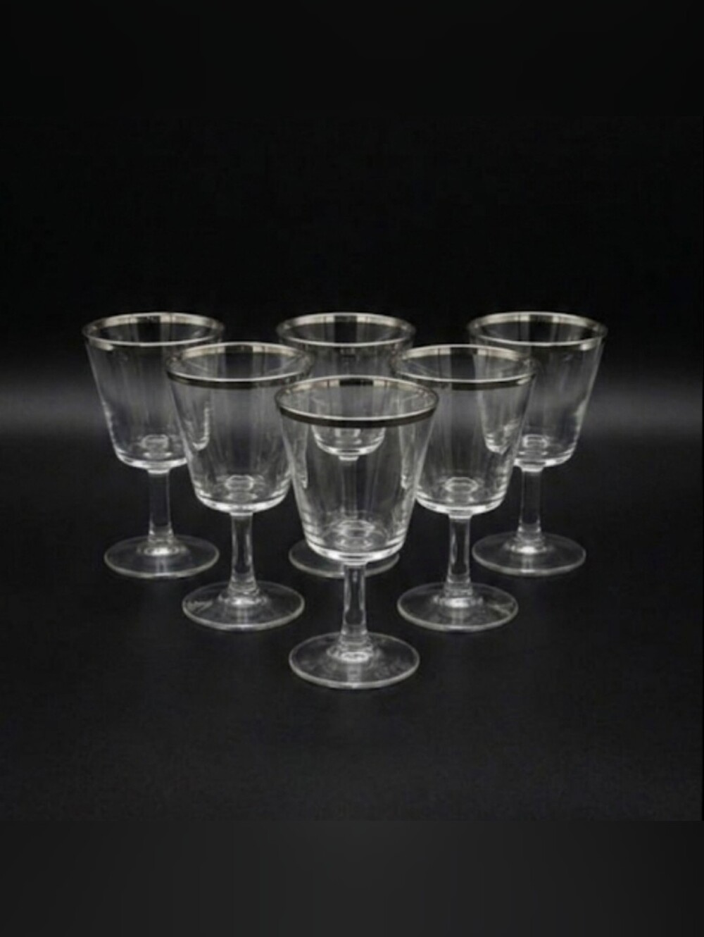 6 VTG Glass Wine Goblet Crystal Glasses Stemware Silver Platinum Rim France MCM